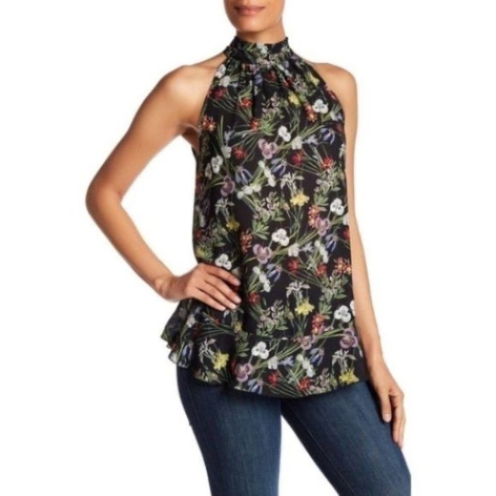 Max Studio Floral Tropical Tie Front Sleeveless Ruffle Blouse